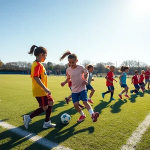 Diverse group of young athletes practicing soccer on a sunny field