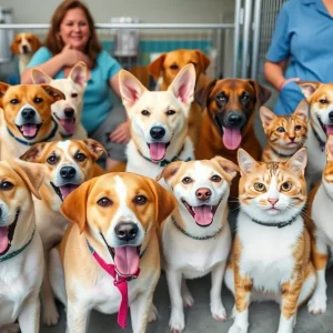 Dogs and cats available for adoption at an animal shelter.