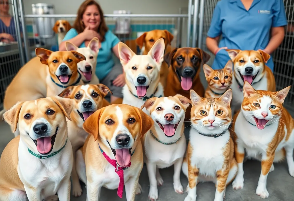 Dogs and cats available for adoption at an animal shelter.