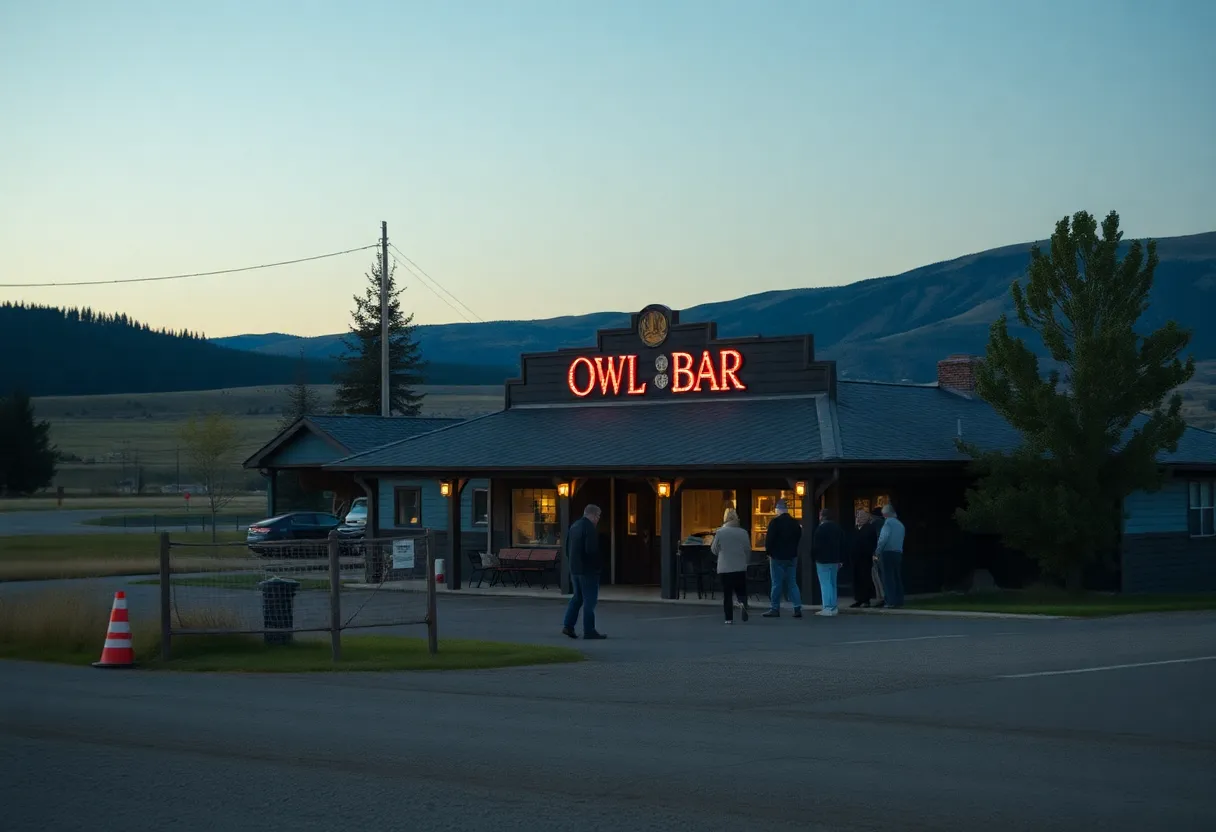 Community members in Anaconda gather outside The Owl Bar