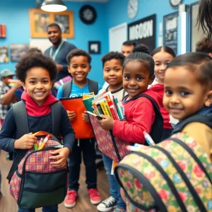 Children receiving backpacks filled with school supplies at Miracle Cutz.