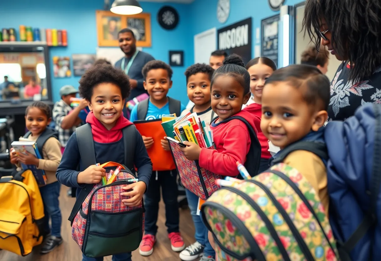 Children receiving backpacks filled with school supplies at Miracle Cutz.