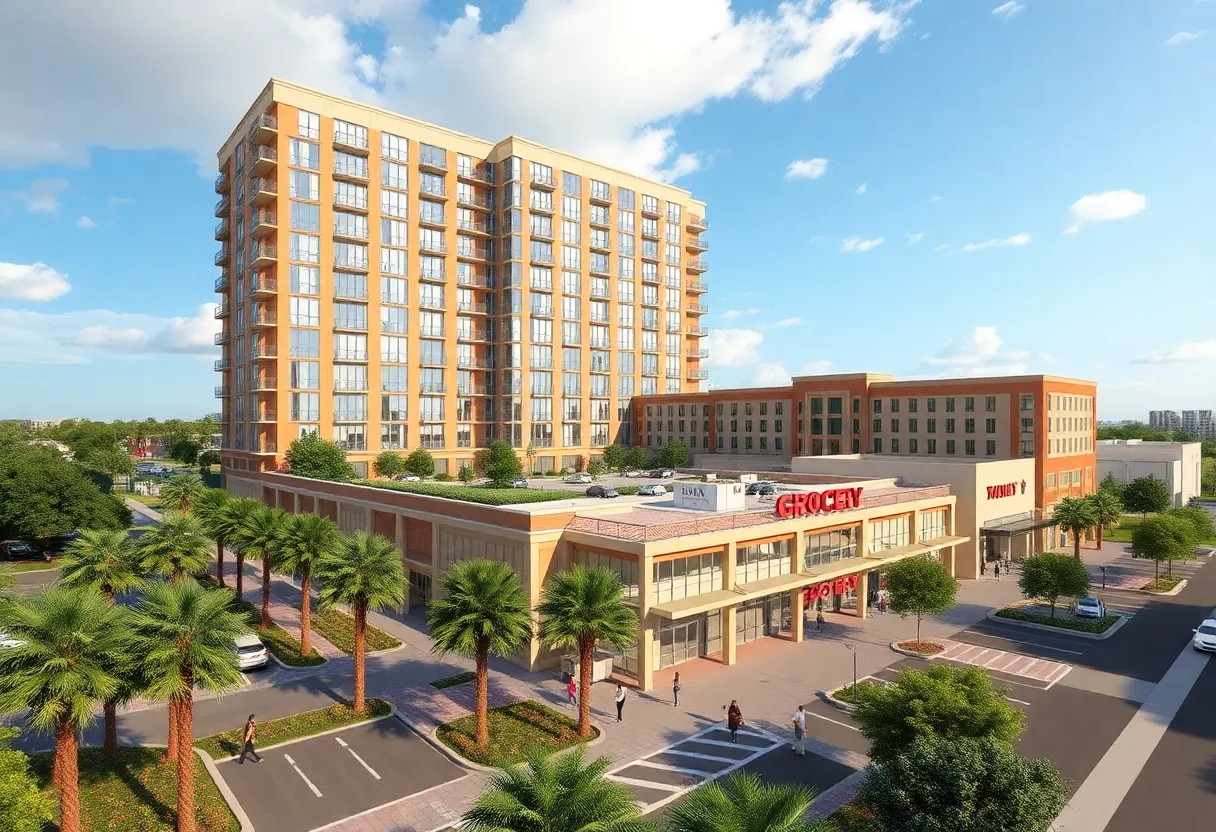 Renderings of the Block N7 development in Jacksonville showing an apartment tower and grocery store.