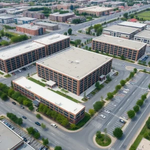 Aerial view of Butler Plaza showing office buildings and parking areas.