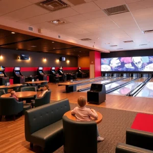A vibrant bowling alley showcasing boutique lanes and family-friendly amenities