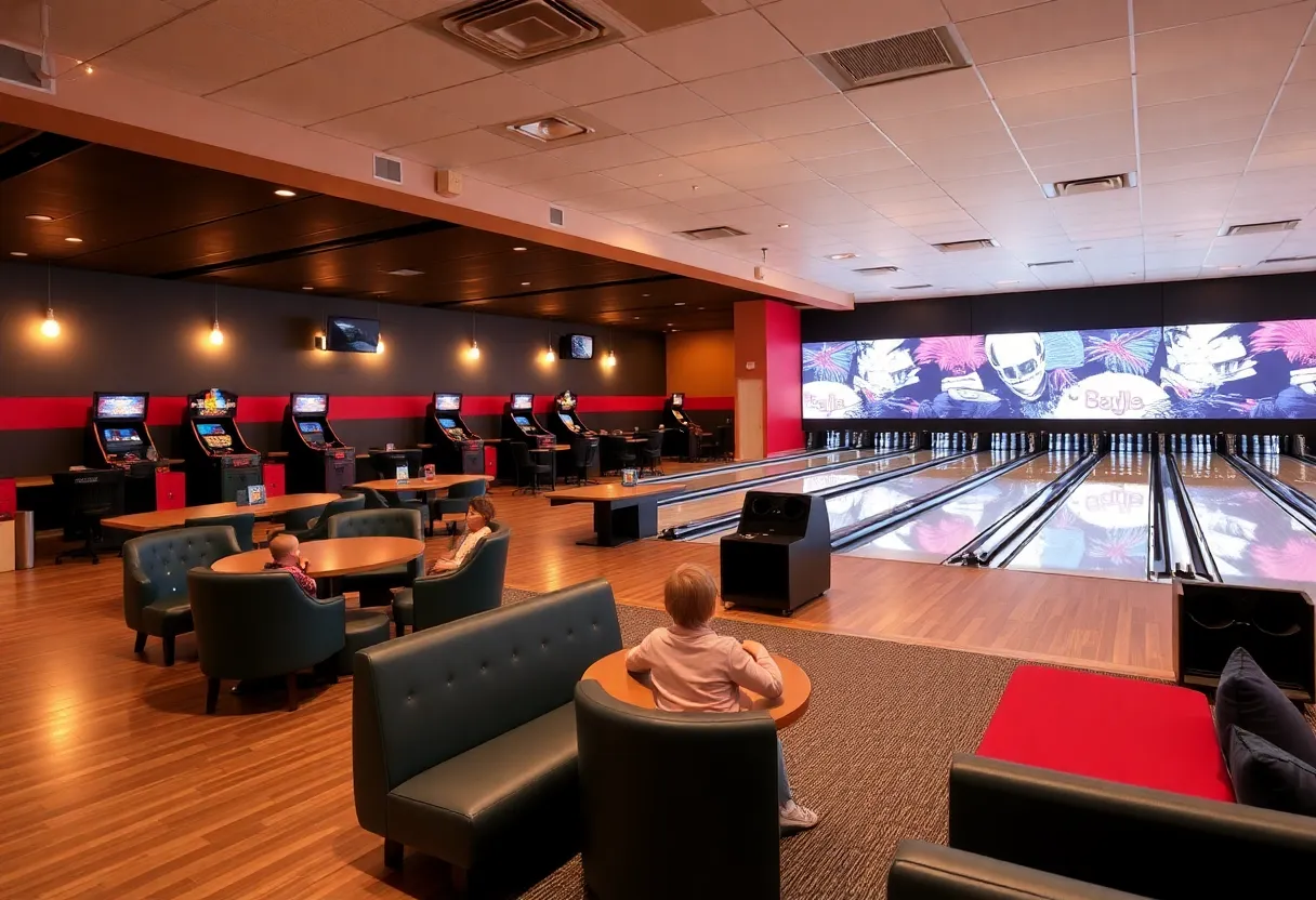 A vibrant bowling alley showcasing boutique lanes and family-friendly amenities