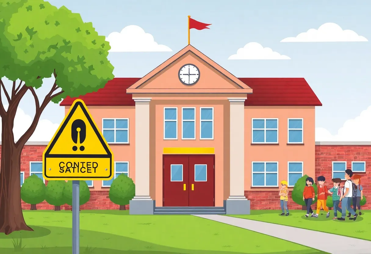 Illustration of a school building with safety signage