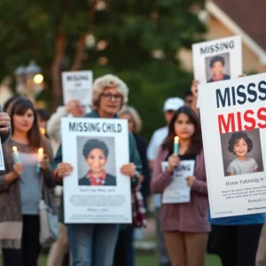 Vigil for missing child with community members holding candles