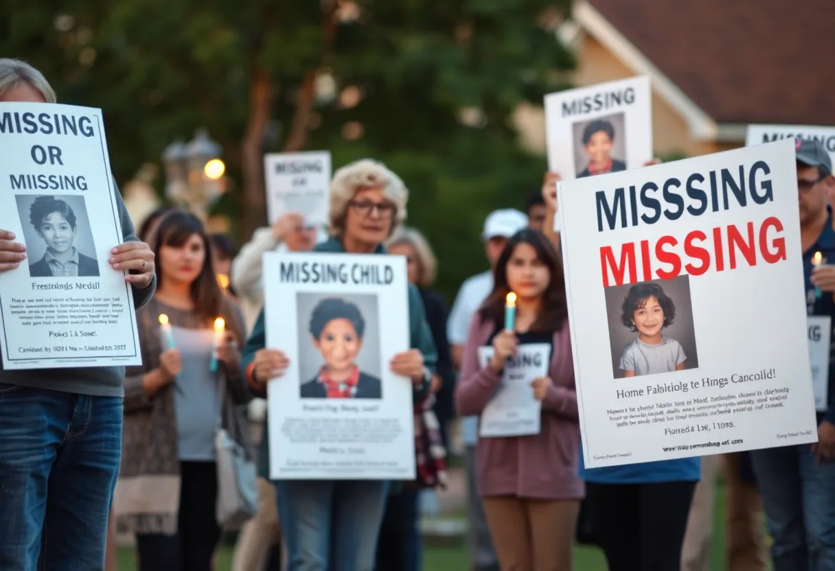 Vigil for missing child with community members holding candles