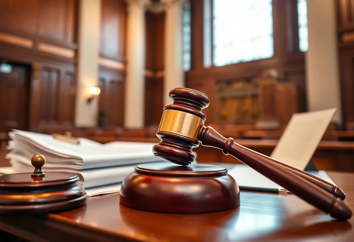 Courtroom with gavel and legal documents