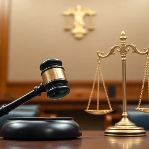 Interior of a courtroom with a gavel and scales of justice