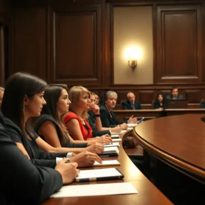 A jury deliberating in a courtroom during a murder trial