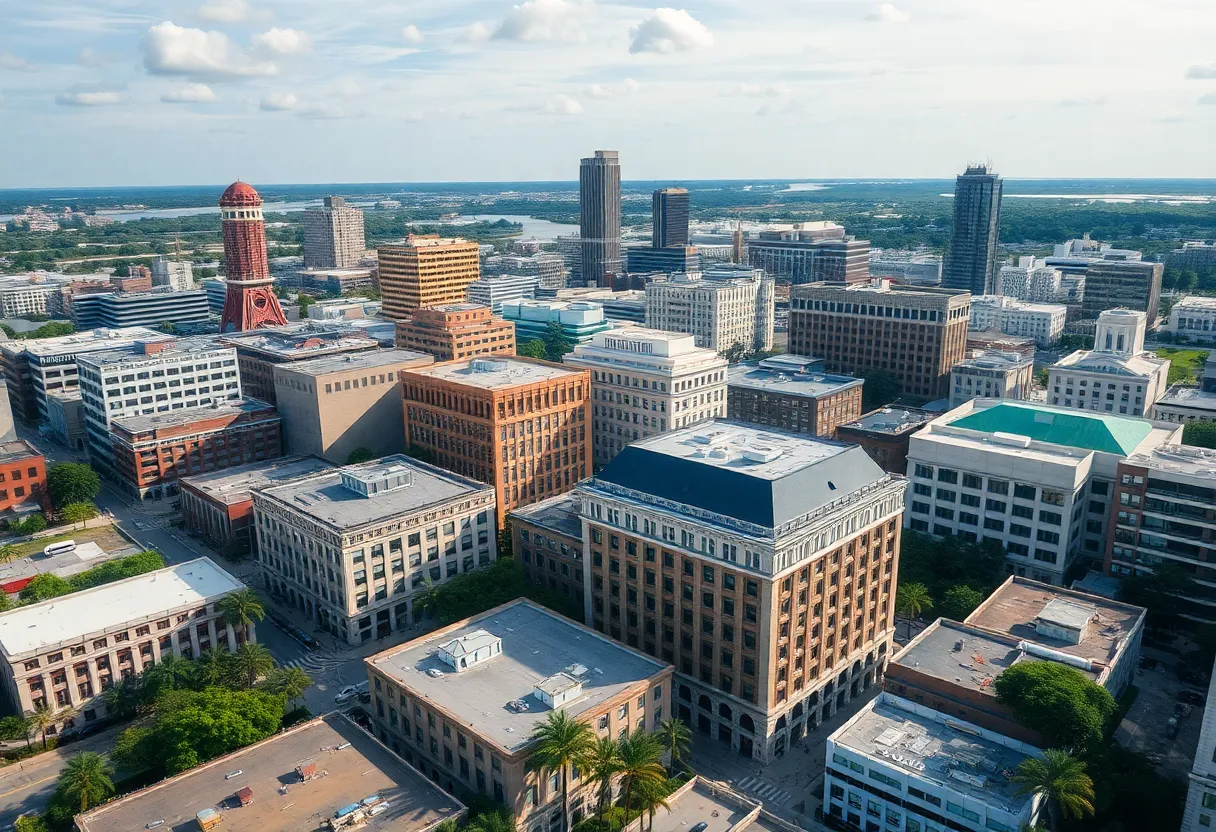 Aerial view of Downtown Jacksonville, emphasizing historical properties.