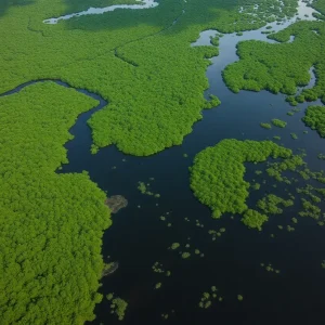 Aerial view of the Everglades showcasing lush green wetlands and wildlife.