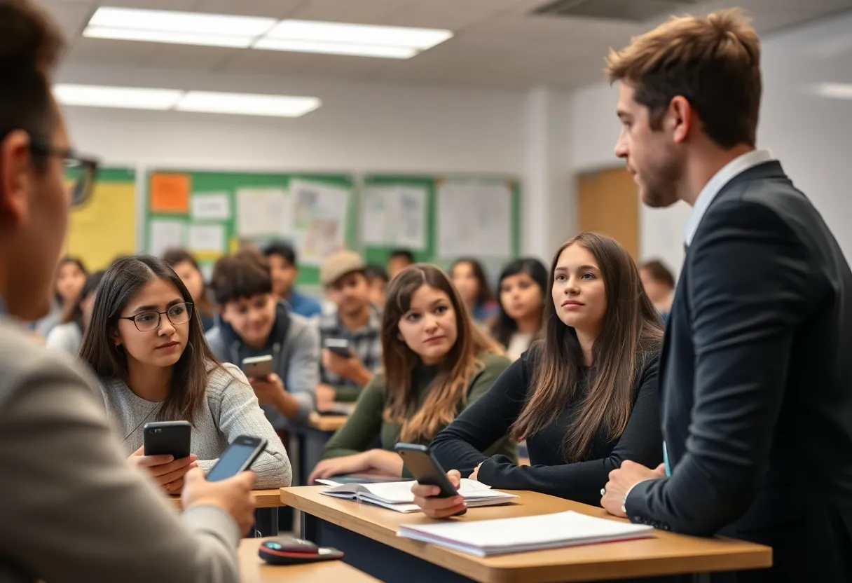 Students in a classroom without cellphones, focusing on the lesson