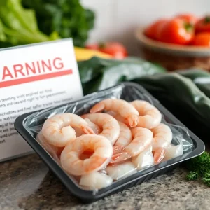 Package of frozen raw shrimp with contamination warning sign.