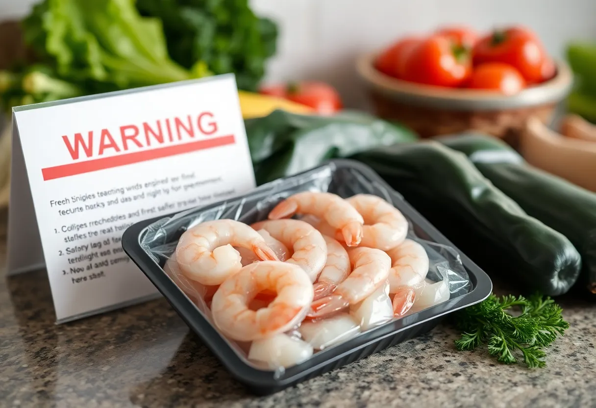 Package of frozen raw shrimp with contamination warning sign.