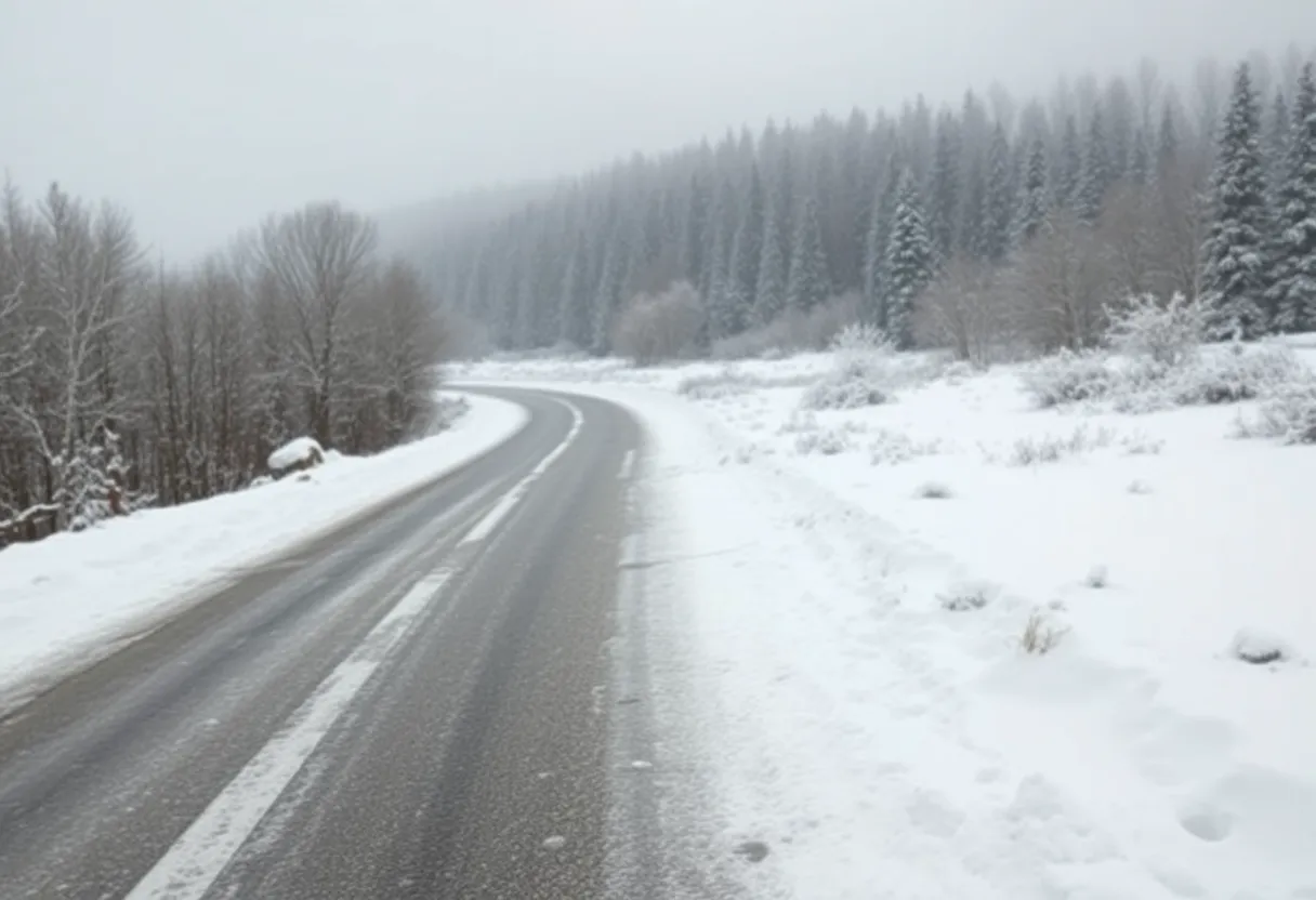 Winter landscape with heavy snow and gray skies.