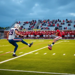 High school football players executing special teams plays on the field.