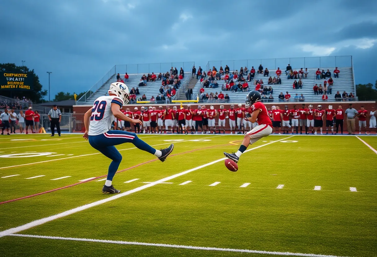High school football players executing special teams plays on the field.