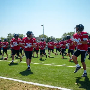 Players practicing football on a high school field in Jacksonville.