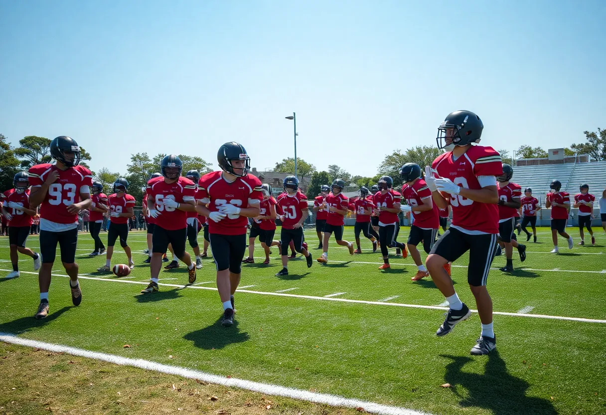 Players practicing football on a high school field in Jacksonville.