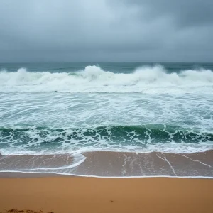 Stormy beach scene during Hurricane Erin with high waves