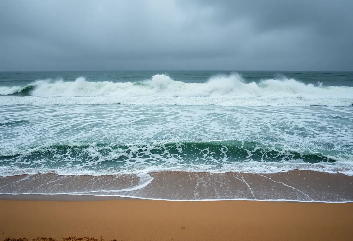 Stormy beach scene during Hurricane Erin with high waves