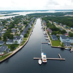 Aerial view of docks and canal in the Isle of Palms neighborhood in Jacksonville