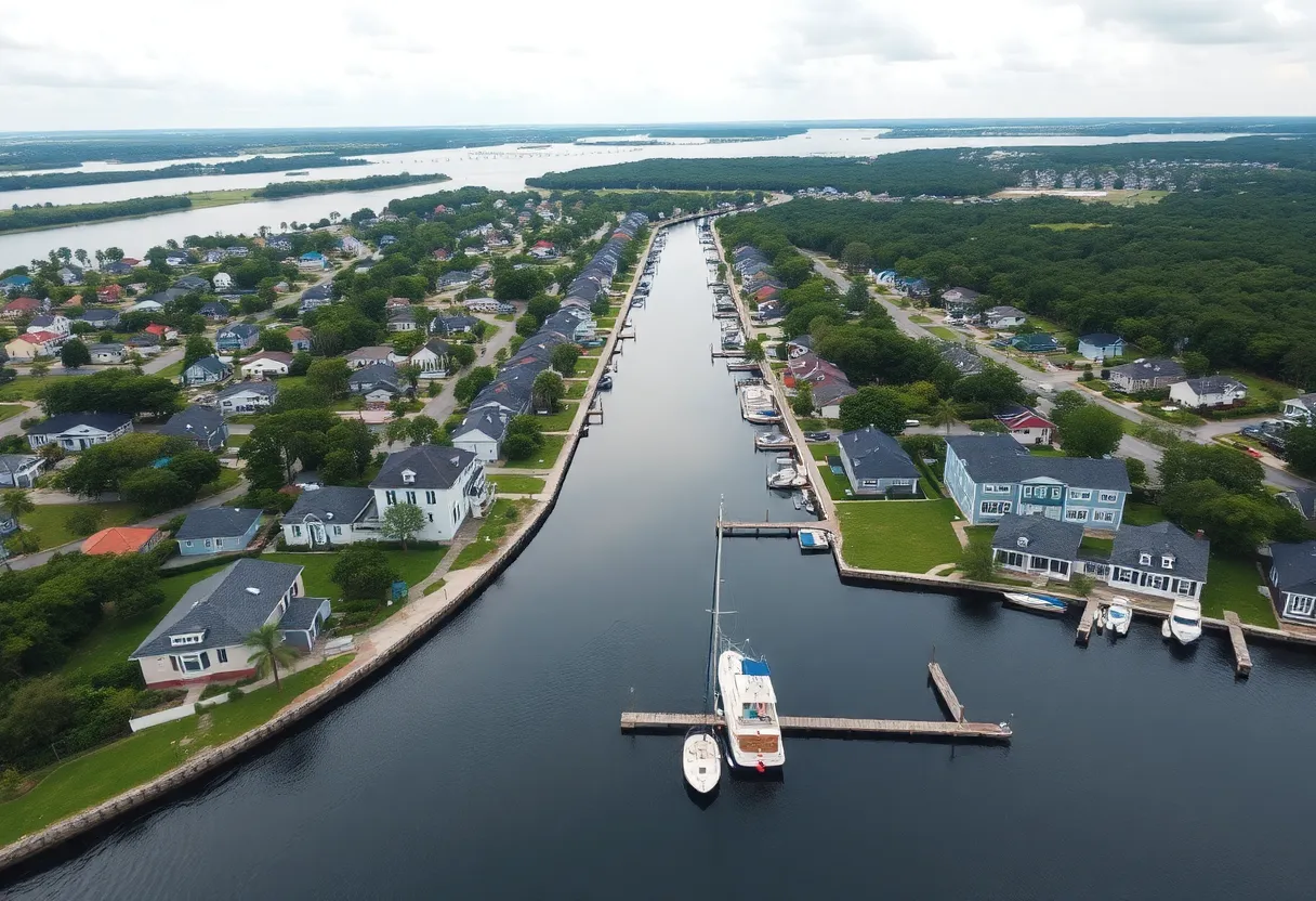 Aerial view of docks and canal in the Isle of Palms neighborhood in Jacksonville