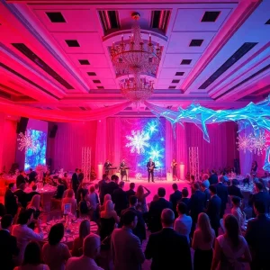 A vibrant gala setting representing the Fire & Ice theme, showcasing attendees enjoying live performances.