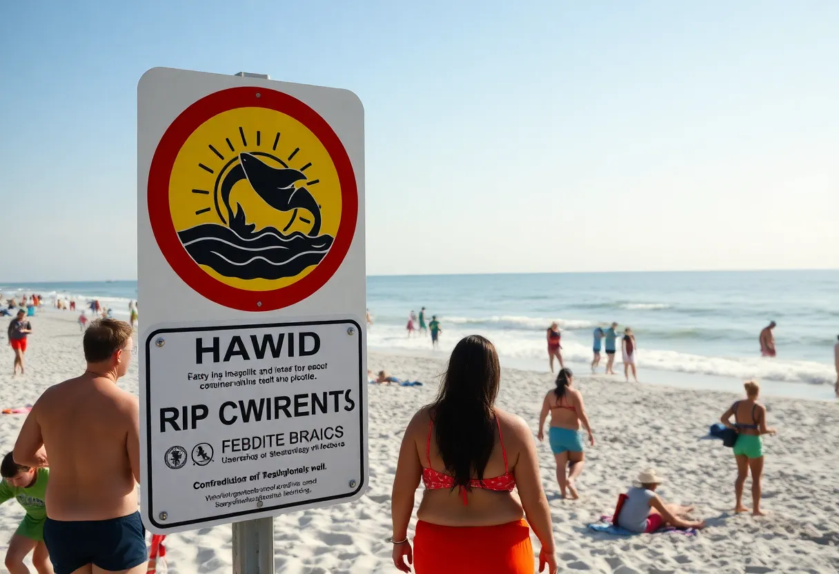 People enjoying a sunny day at Jacksonville beach with a heat advisory sign in the foreground.