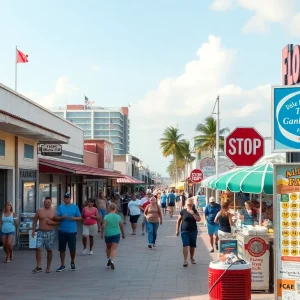 Beachgoers in Jacksonville Beach with a lottery ticket display