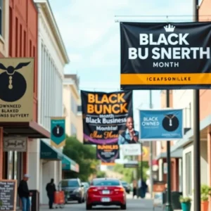 A lively scene of Black-owned businesses in Jacksonville during Black Business Month.
