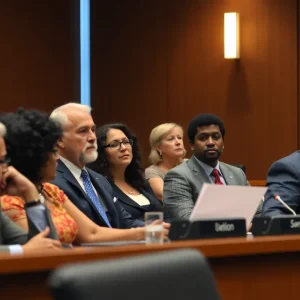 Jacksonville city officials discussing budget proposals in a council meeting