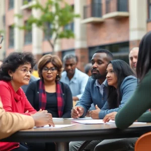 Residents participating in a town hall meeting discussing budget issues