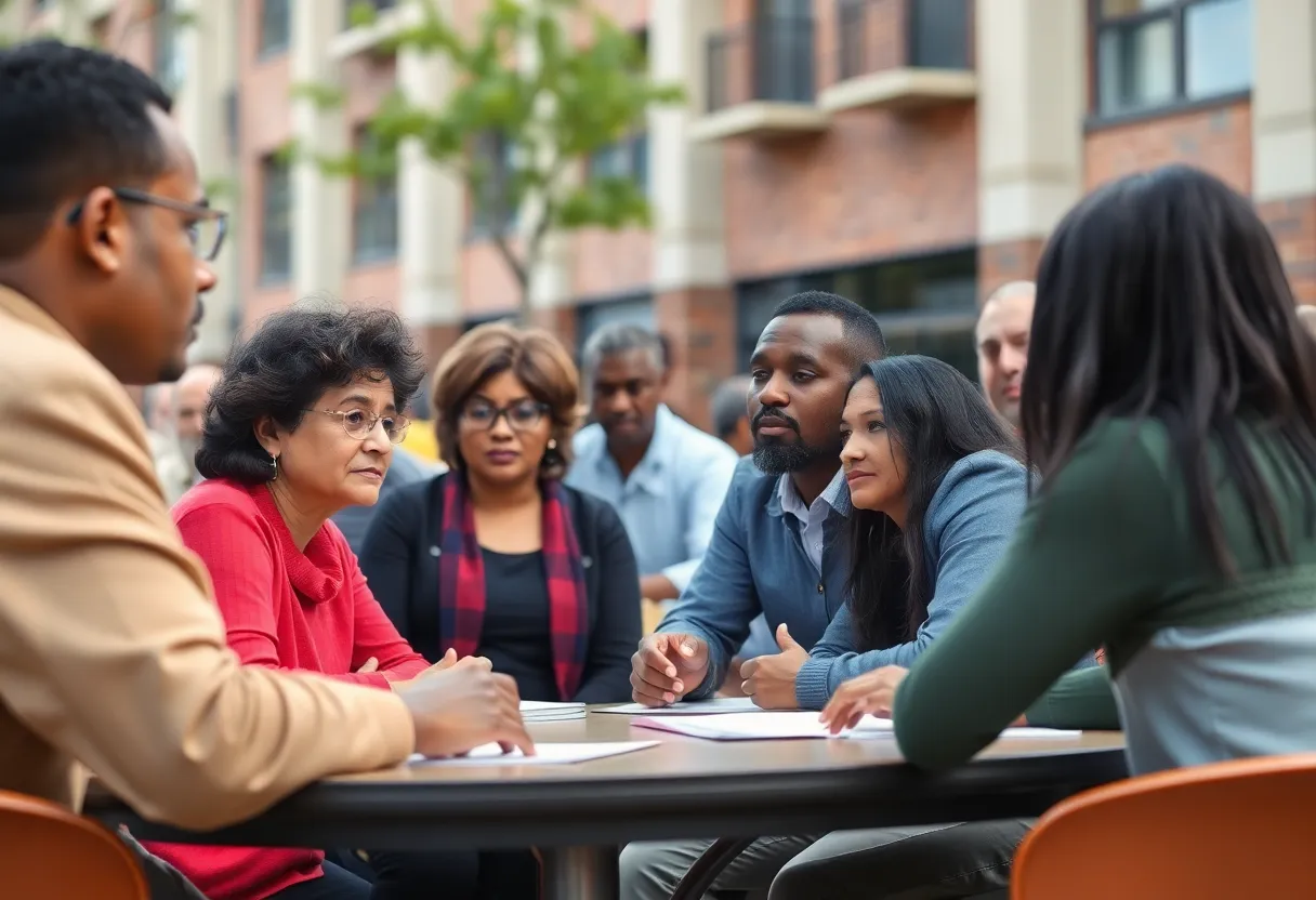 Residents participating in a town hall meeting discussing budget issues