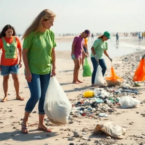Volunteers cleaning up debris on Jacksonville beach during International Coastal Cleanup