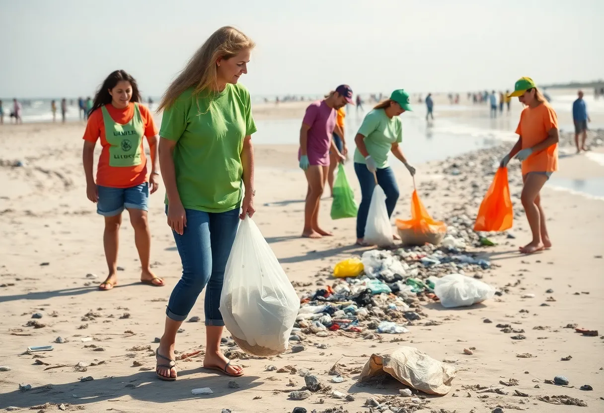 Volunteers cleaning up debris on Jacksonville beach during International Coastal Cleanup