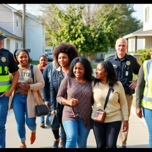 Community members and law enforcement participating in a crime prevention walk in Jacksonville.