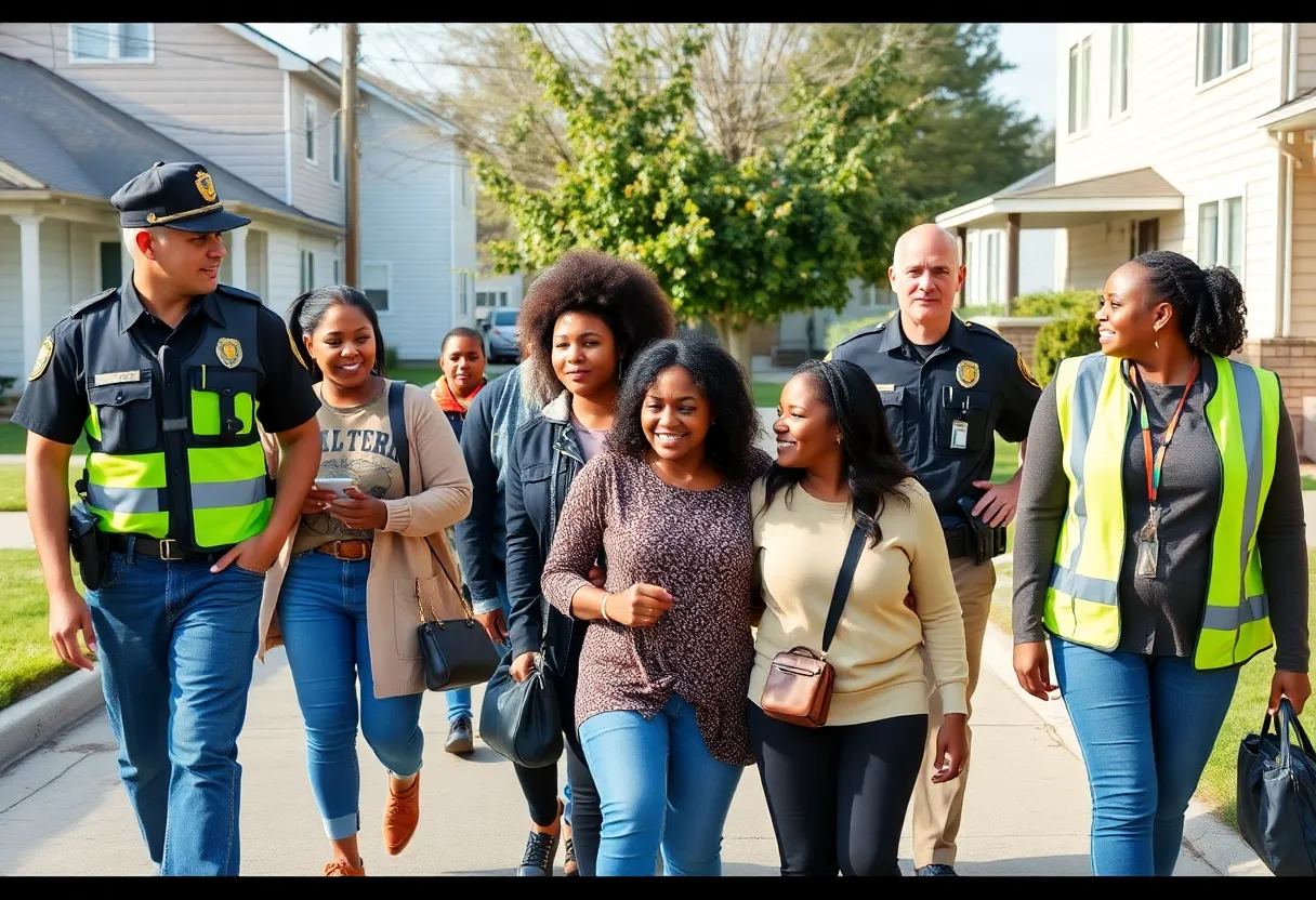 Community members and law enforcement participating in a crime prevention walk in Jacksonville.