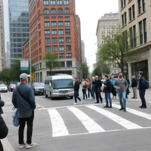 City street with outlines of removed painted crosswalks