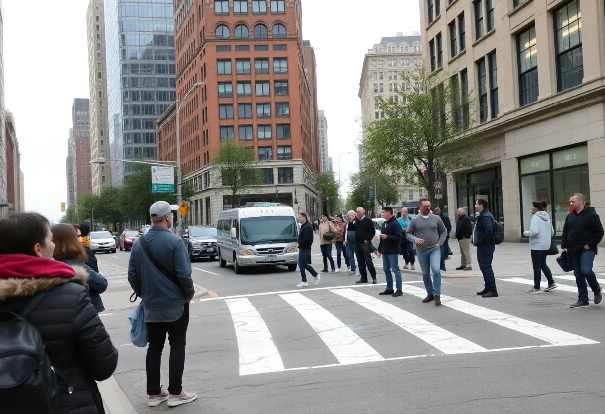 City street with outlines of removed painted crosswalks