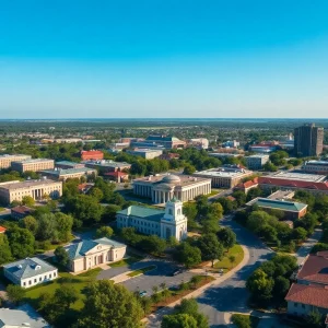 Aerial view of Jacksonville with schools and municipal buildings featured