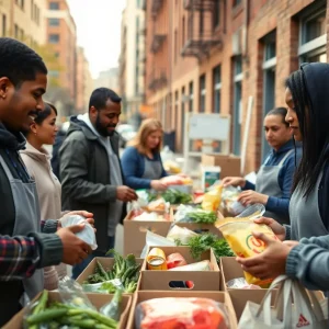 Volunteers at a food pantry in Jacksonville distributing food