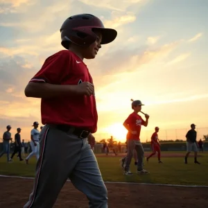 A group of young baseball players practicing on a field at sunset.