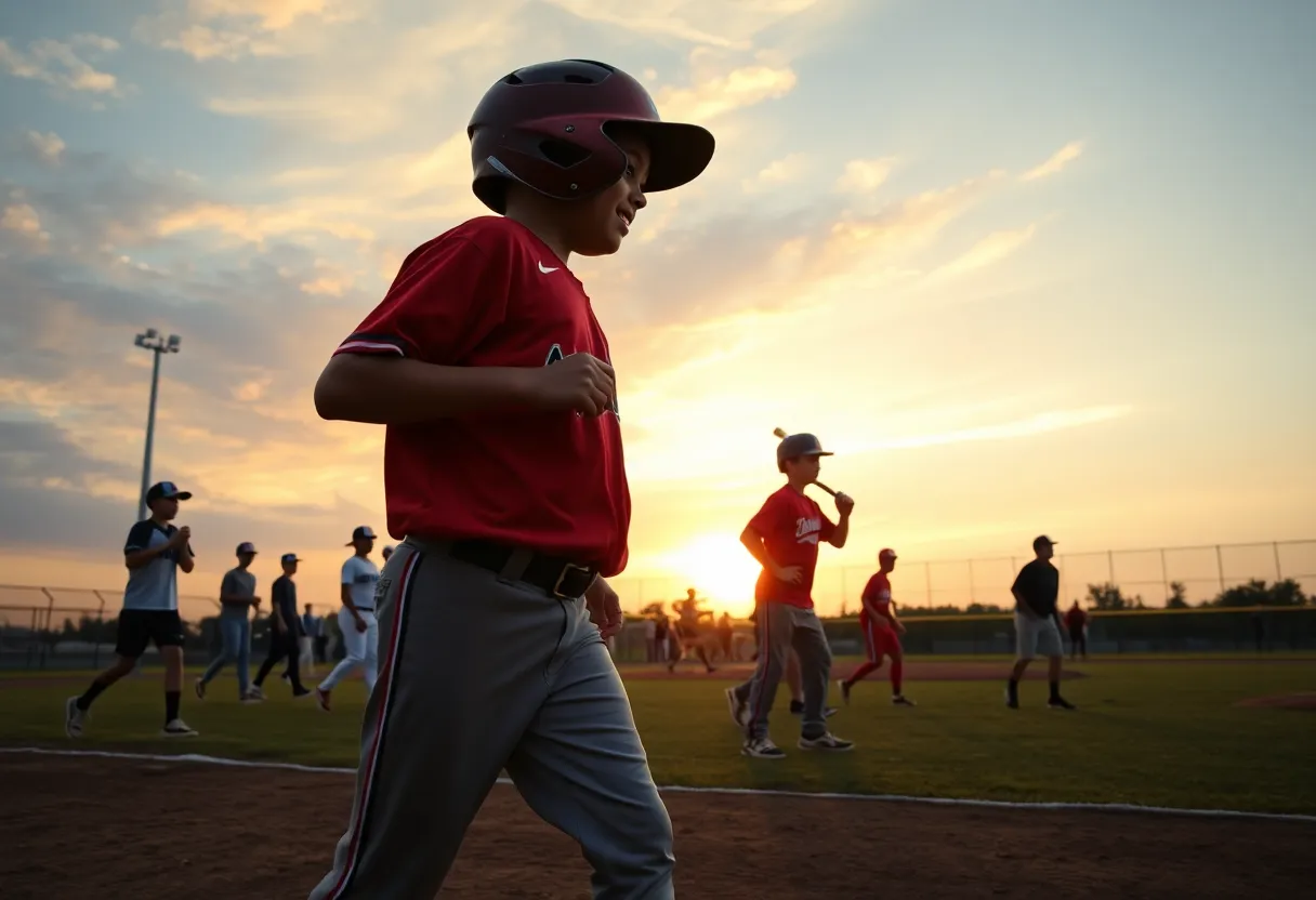 A group of young baseball players practicing on a field at sunset.