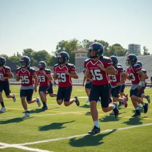 High school football players practicing on the field