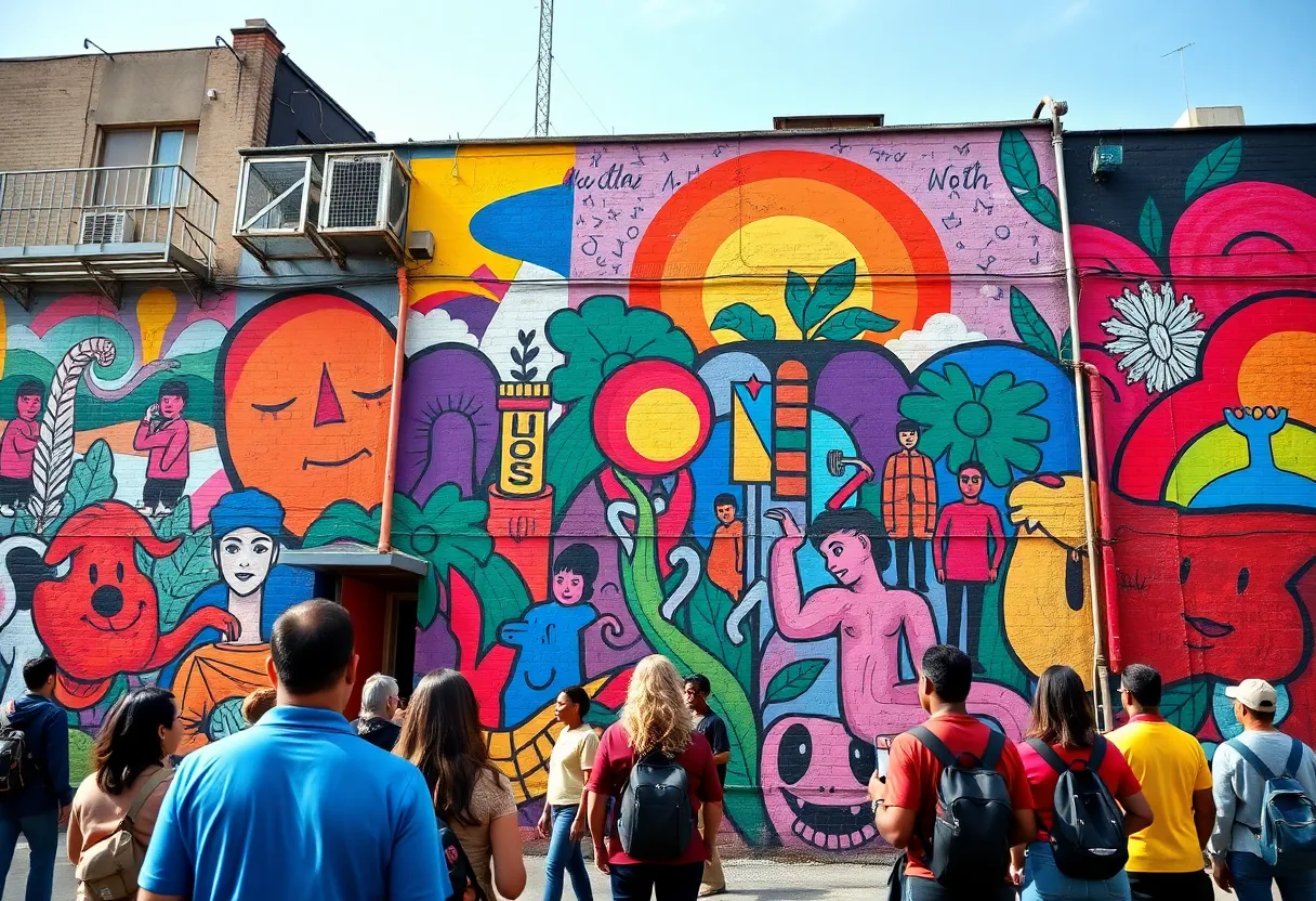 A colorful mural showcasing local art during the Jacksonville Mural Festival.