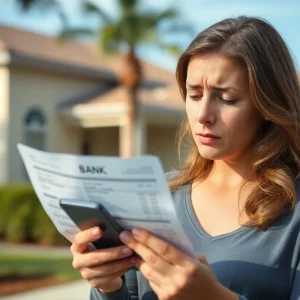 A worried woman reviewing her finances after falling victim to a scam.